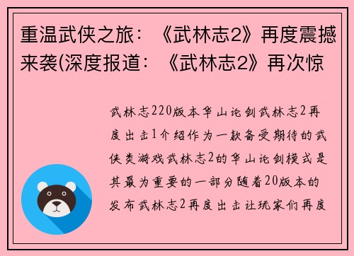 重温武侠之旅：《武林志2》再度震撼来袭(深度报道：《武林志2》再次惊艳登场，重返武林之旅！)